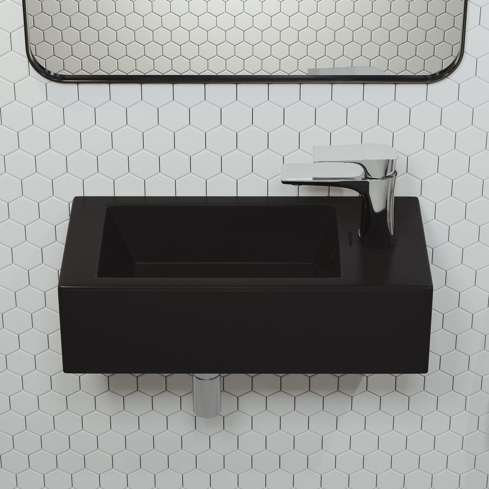 Rectangular Ceramic Wall Hung Sink with Right Side Faucet Mount, Matte Black. Picture 21