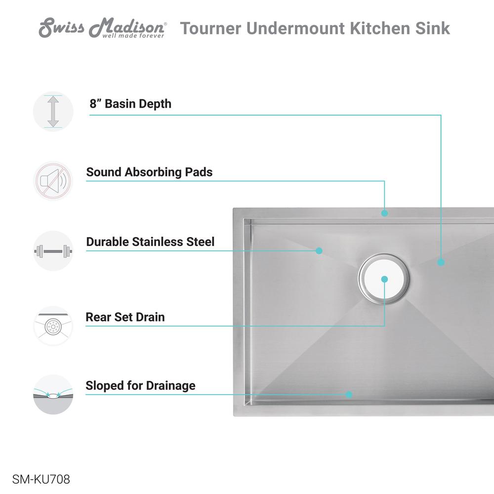 Tourner 26 x 18 Stainless Steel, Single Basin, Undermount Kitchen Sink. Picture 3