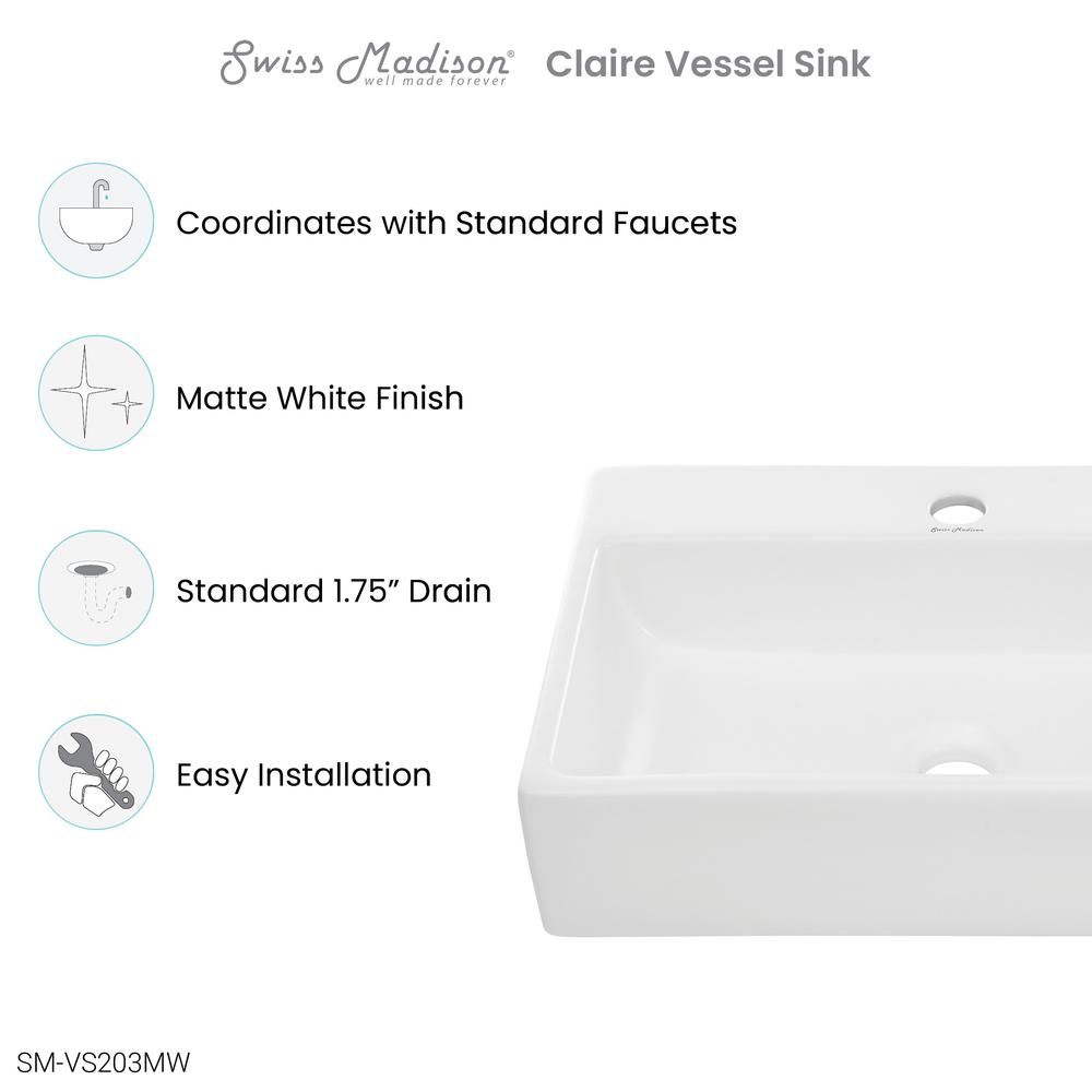 Claire 20 Rectangle Ceramic Vessel Sink, Matte White. Picture 12
