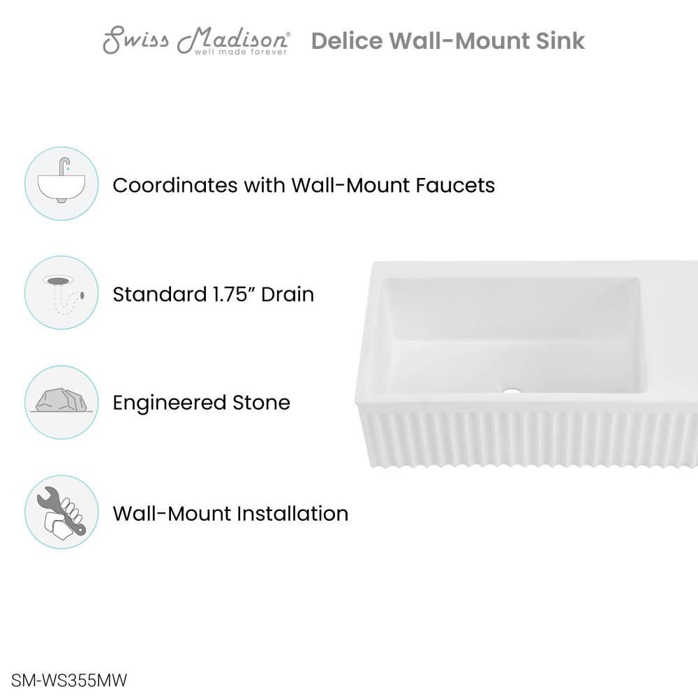 Delice 24" Rectangle Wall-Mount Bathroom Sink in Matte White. Picture 3