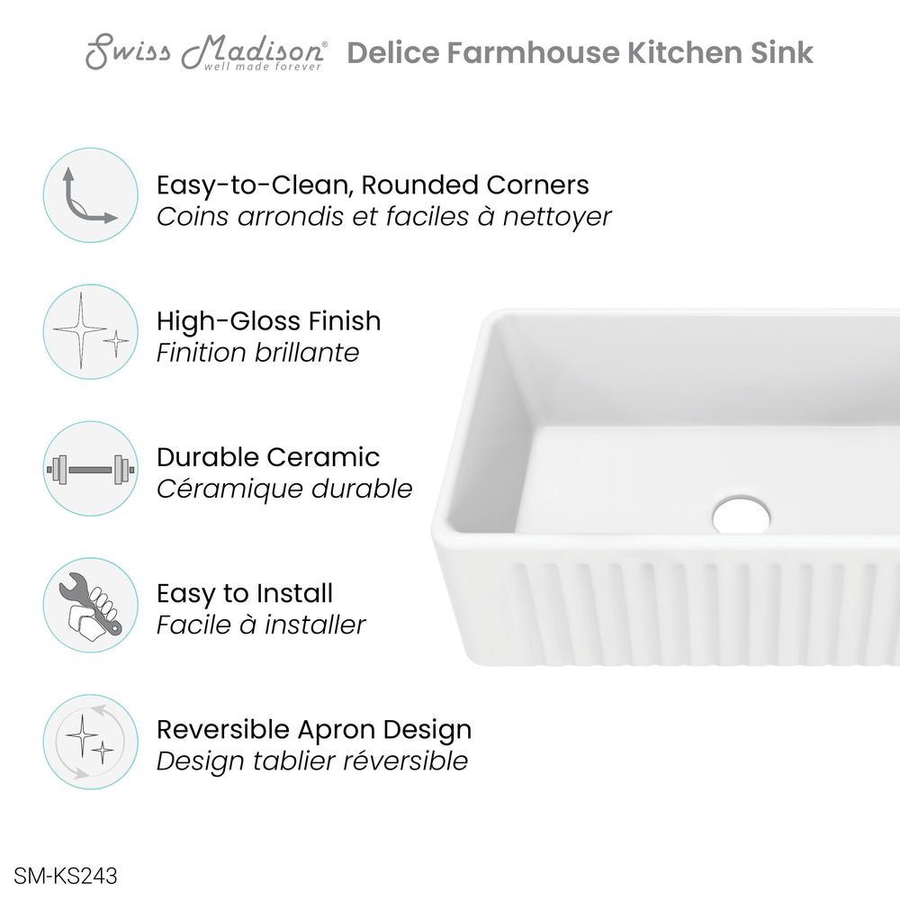 Delice 30 x 18 Ceramic, Farmhouse Kitchen Sink with Apron. Picture 10