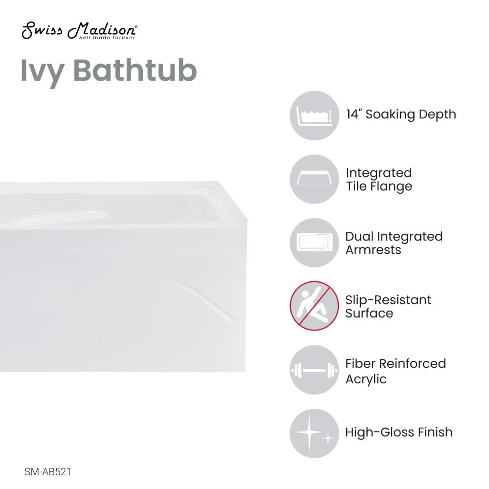 Ivy 54'' x 30" Bathtub with Apron Right Hand Drain in White. Picture 3