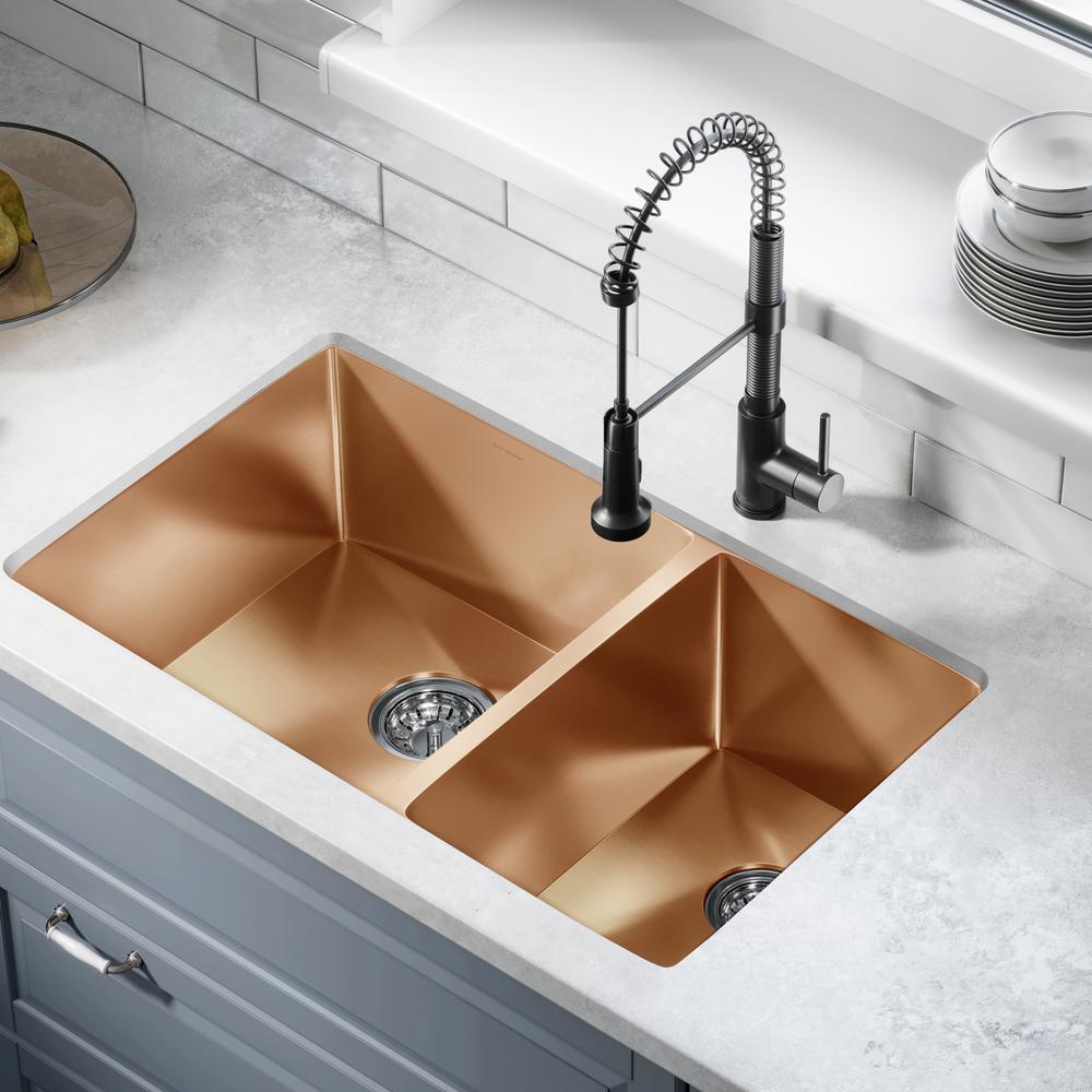 Stainless Steel, Dual Basin, Undermount Kitchen Sink in Rose Gold. Picture 15