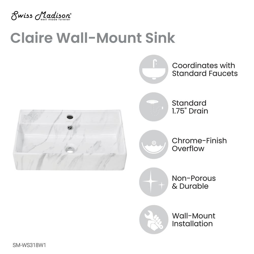 Claire 22" Rectangle Wall-Mount Bathroom Sink in White Marble. Picture 3