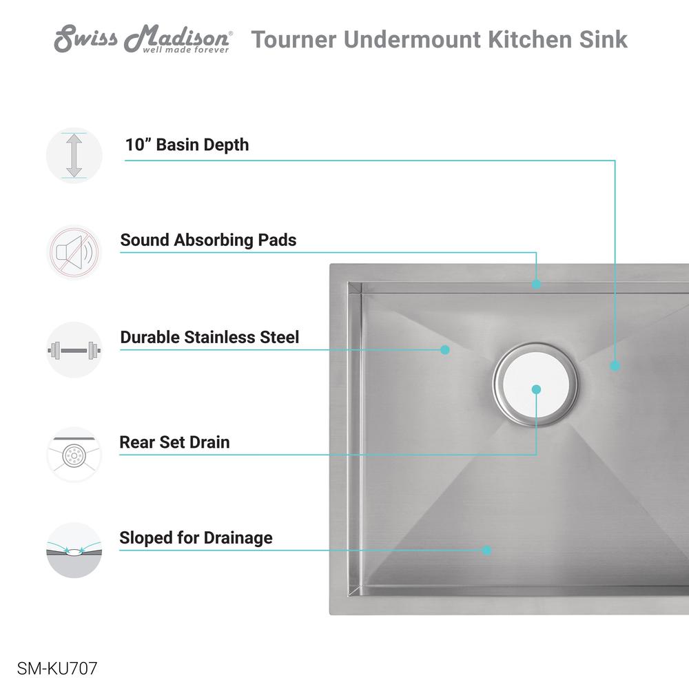 Tourner 21 x 18 Stainless Steel, Single Basin, Undermount Kitchen Sink. Picture 4