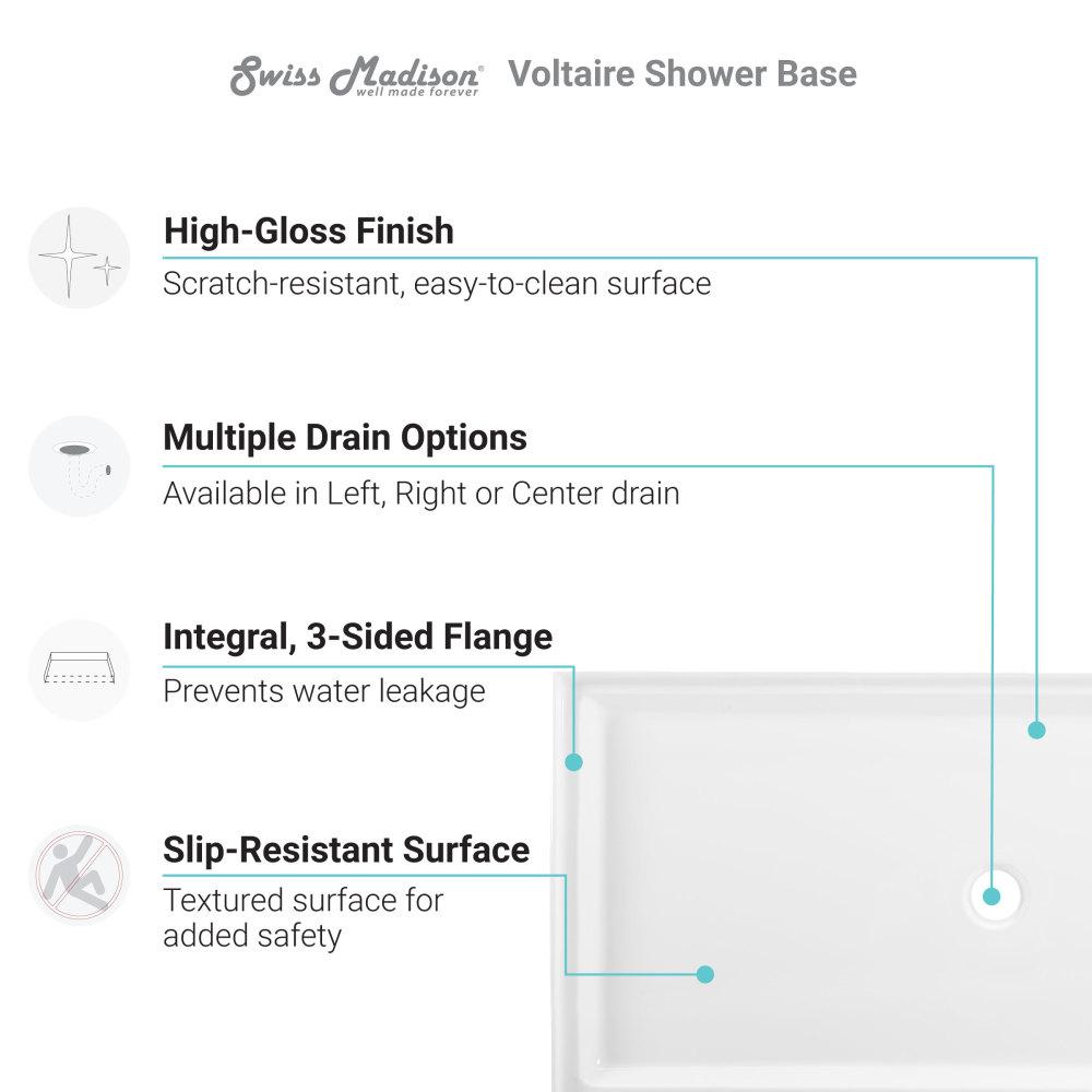 Voltaire 60" x 34" Acrylic White, Single-Threshold, Center Drain, Shower Base. Picture 4
