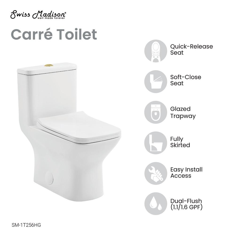 Carre One Piece Square Toilet Dual Flush, Brushed Gold Hardware 1.1/1.6 gpf. Picture 4