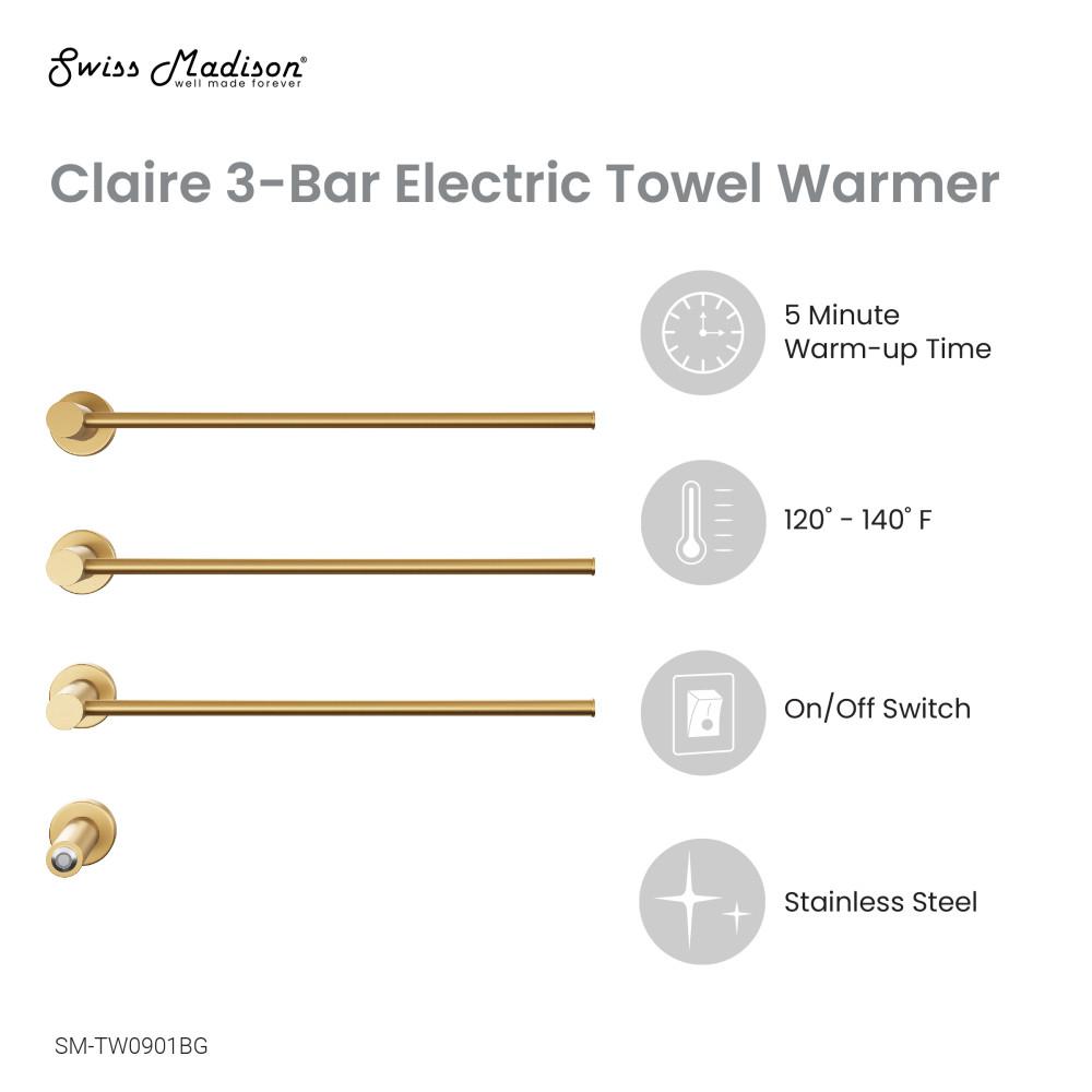 Claire 3-Bar Electric Towel Warmer in Brushed Gold. Picture 4