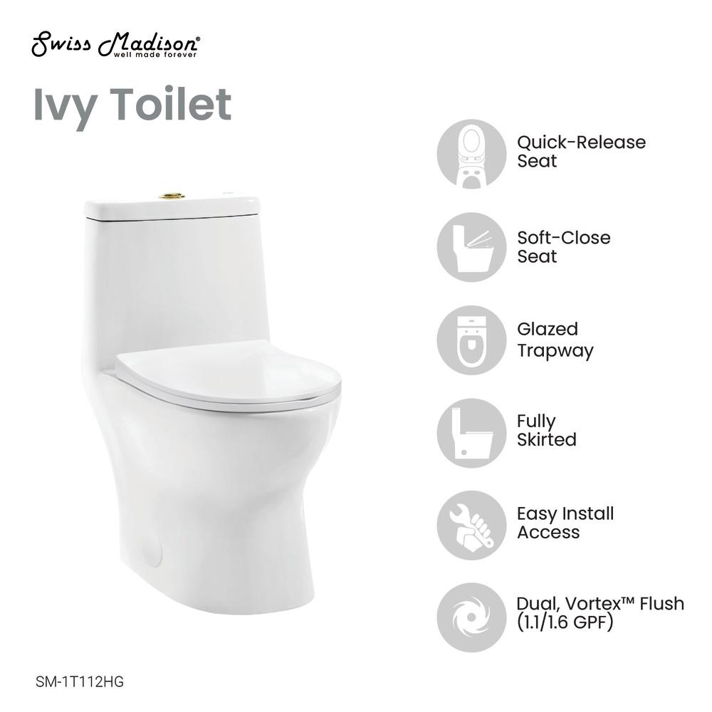 Ivy One Piece Toilet Dual Vortex™ Flush, Brushed Gold Hardware 1.1/1.6 gpf. Picture 4