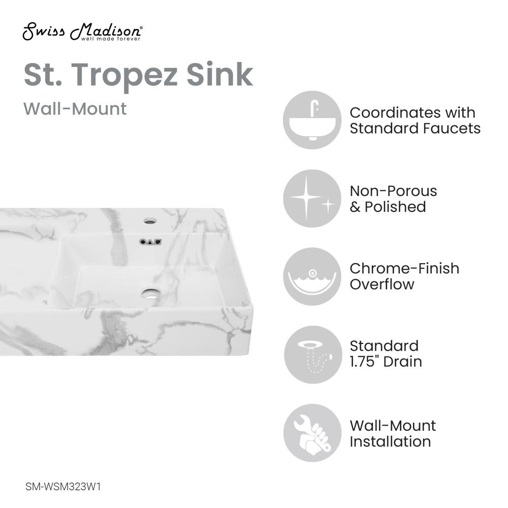 St. Tropez 24" Right Side Faucet Wall-Mount Bathroom Sink in White Marble. Picture 4
