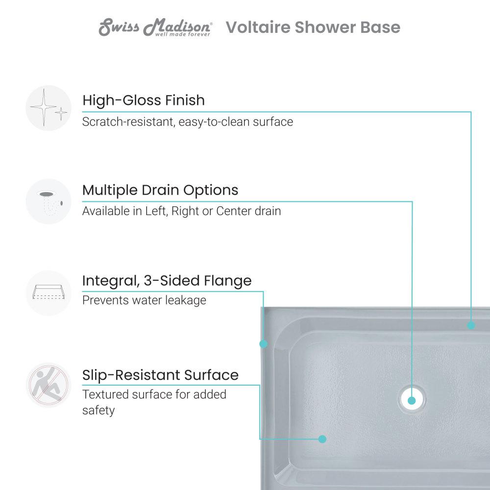 Voltaire 48" x 32" Single-Threshold, Center Drain, Shower Base in Grey. Picture 4