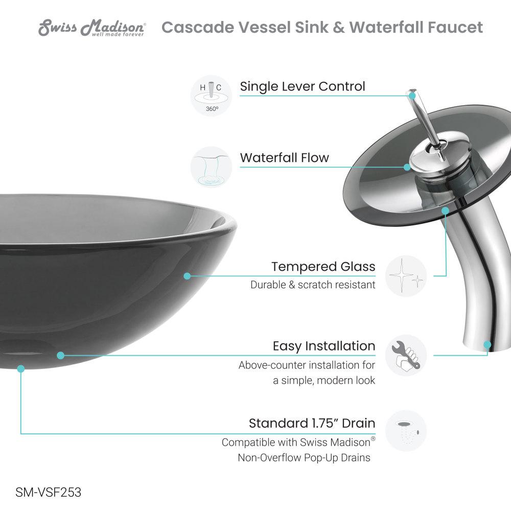 Cascade 16.5 Color Glass Vessel Sink with Faucet, Black. Picture 4
