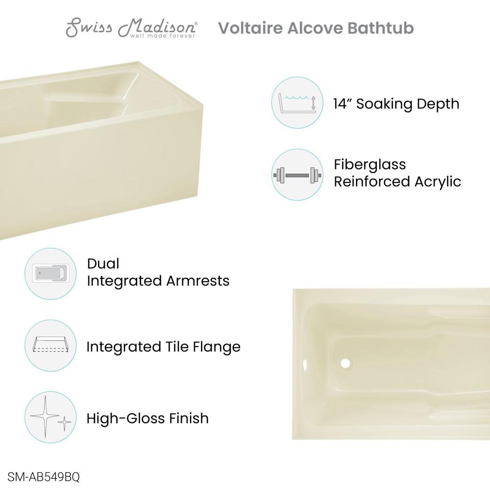 Voltaire 54" x 30" Left-Hand Drain Alcove Bathtub with Apron in Bisque. Picture 4