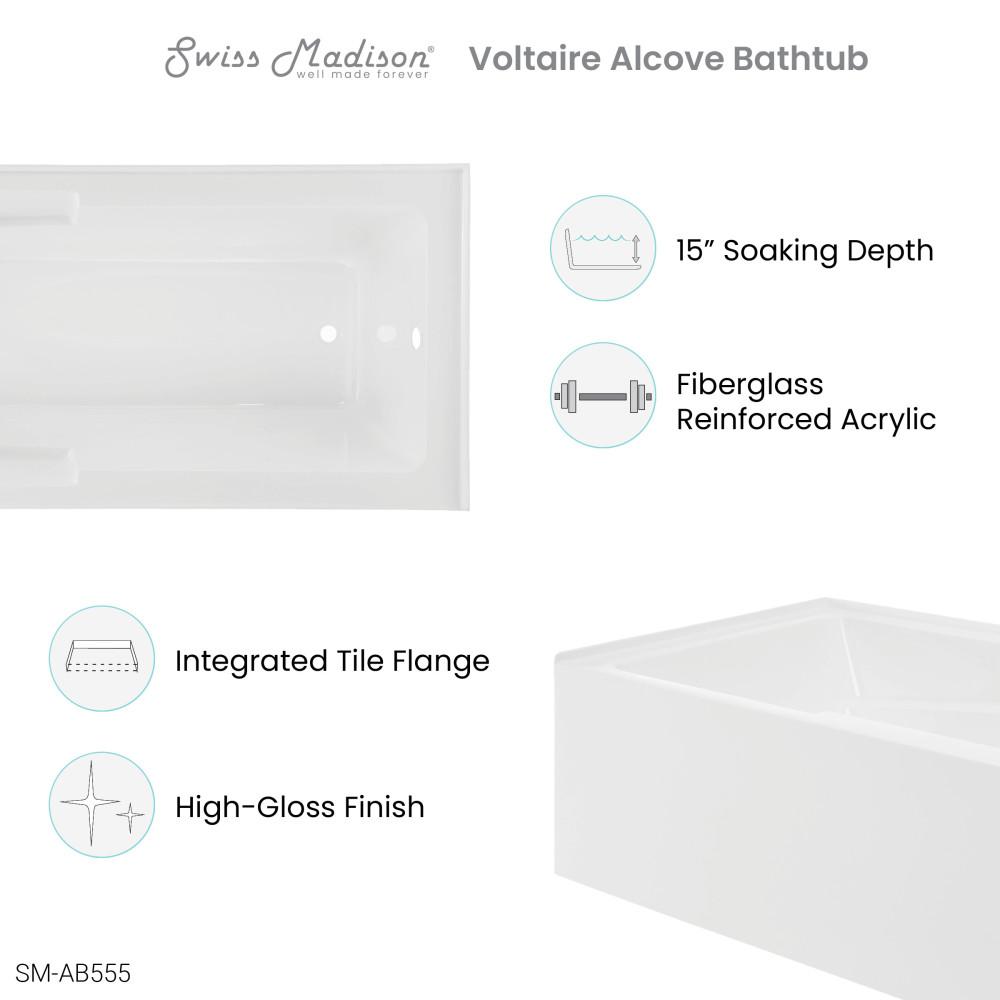 Voltaire 72" x 36" Right-Hand Drain Alcove Bathtub with Apron and Armrest. Picture 4