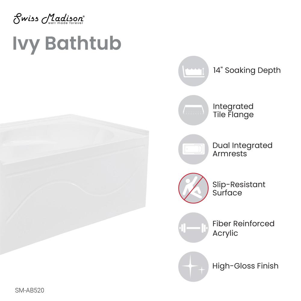 Ivy 54'' x 30" Bathtub with Apron Left Hand Drain in White. Picture 4