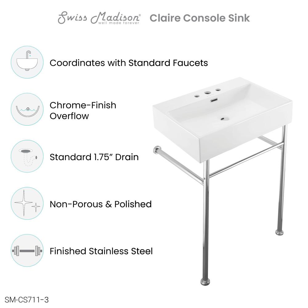 Claire 24" Console Sink White Basin Chrome Legs with 8" Widespread Holes. Picture 4