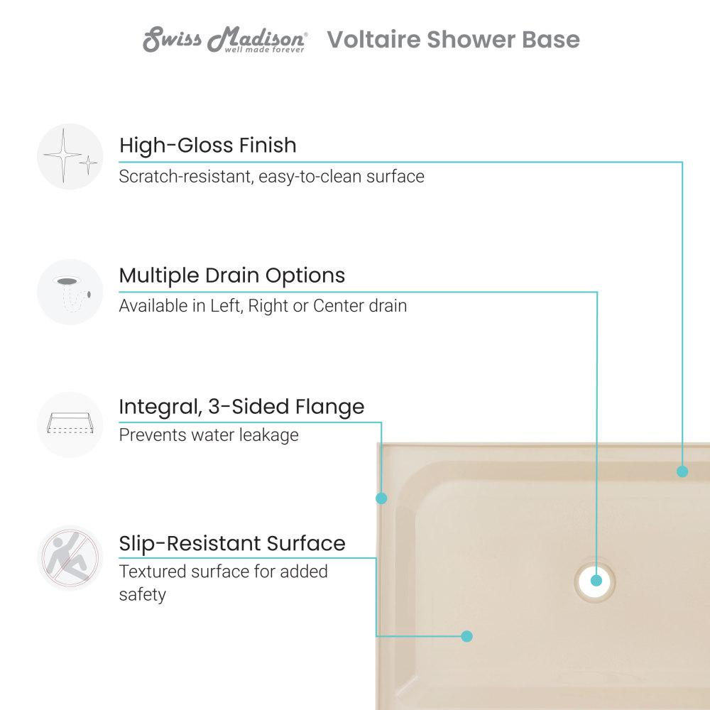 Voltaire 48" x 36" Single-Threshold, Right-Hand Drain, Shower Base in Biscuit. Picture 4