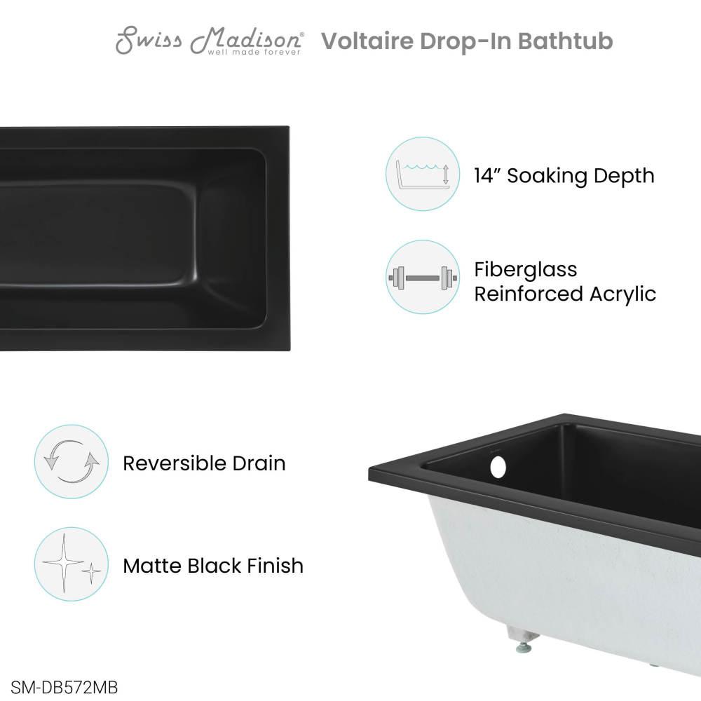 Voltaire 54" x 30" Reversible Drain Drop-In Bathtub in Matte Black. Picture 4