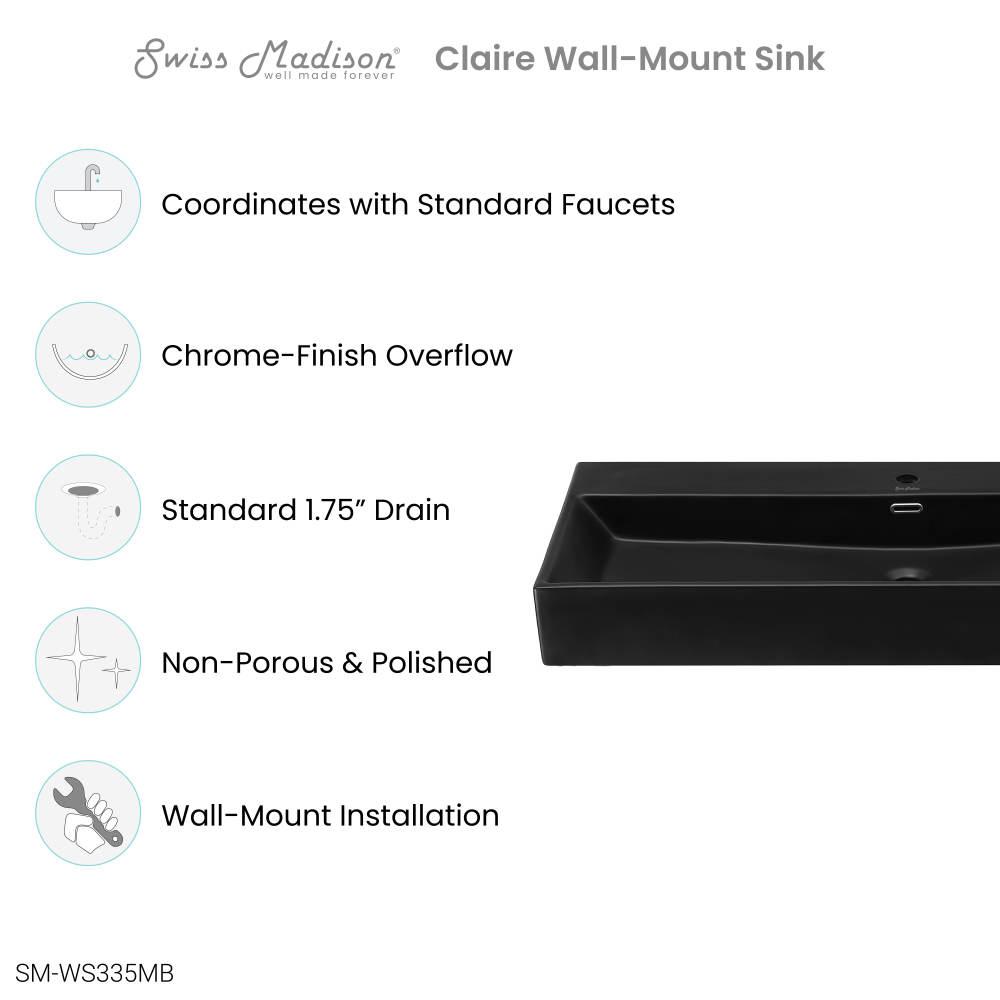 Claire 40" Rectangle Wall-Mount Bathroom Sink in Matte Black. Picture 4