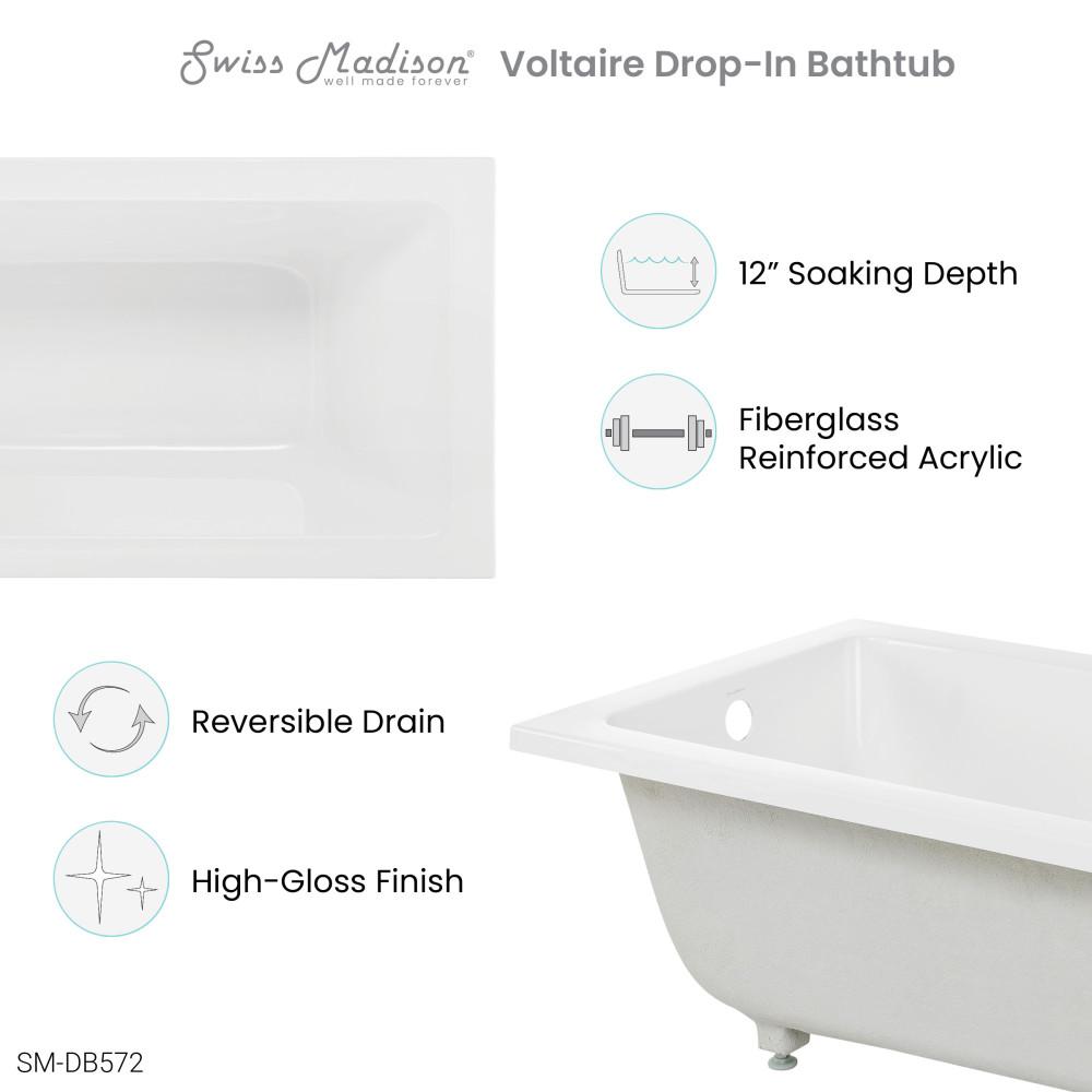 Voltaire 54" x 30" Reversible Drain Drop-In Bathtub. Picture 4