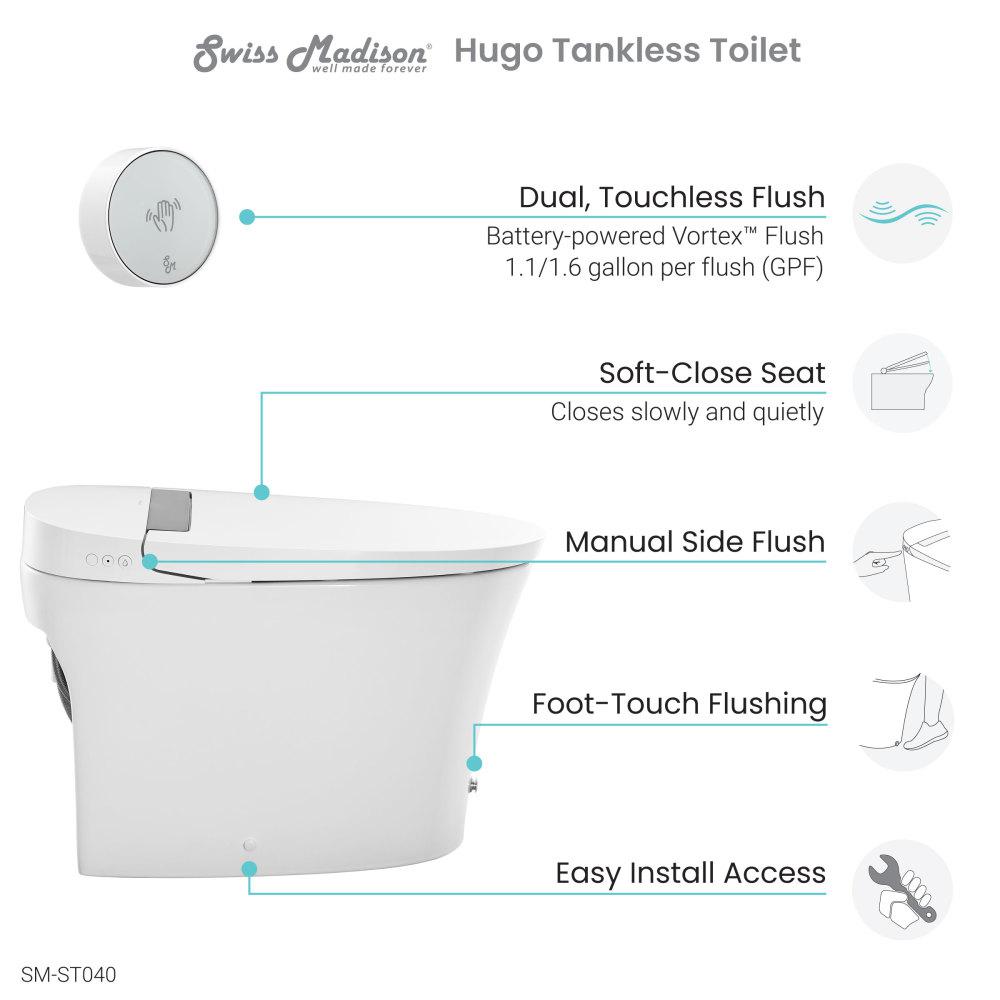 Hugo Smart Tankless Elongated Toilet, Touchless Vortex™ Dual-Flush 1.1/1.6 gpf. Picture 4