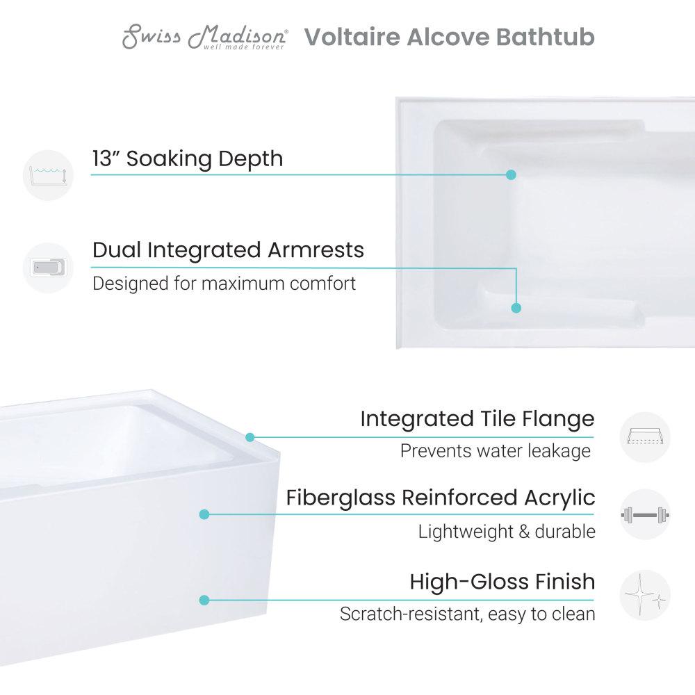 Voltaire 60" x 30" Right-Hand Drain Alcove Bathtub with Apron and Armrest. Picture 4