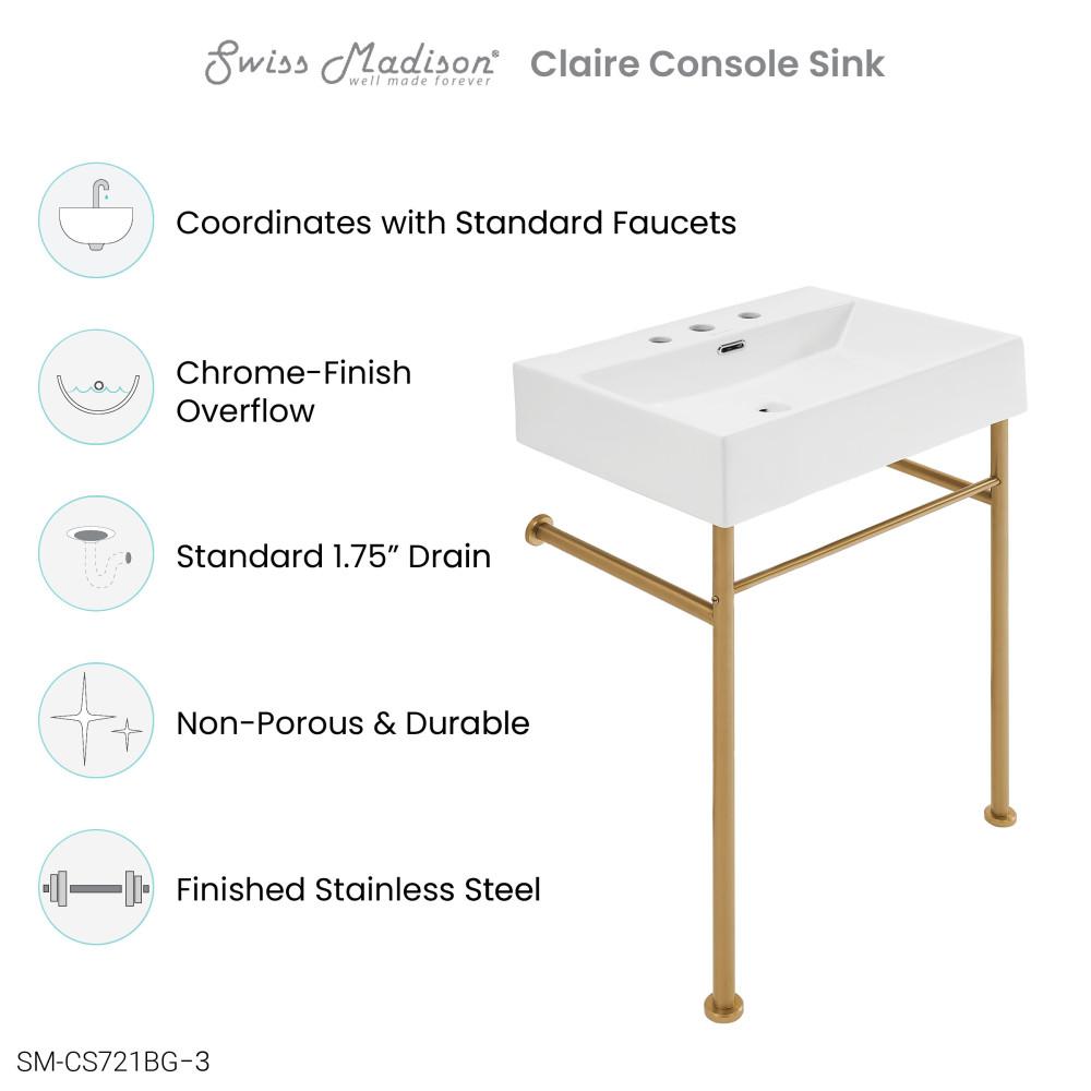 Claire 24" Console Sink White Basin Brushed Gold Legs with 8" Widespread Holes. Picture 4