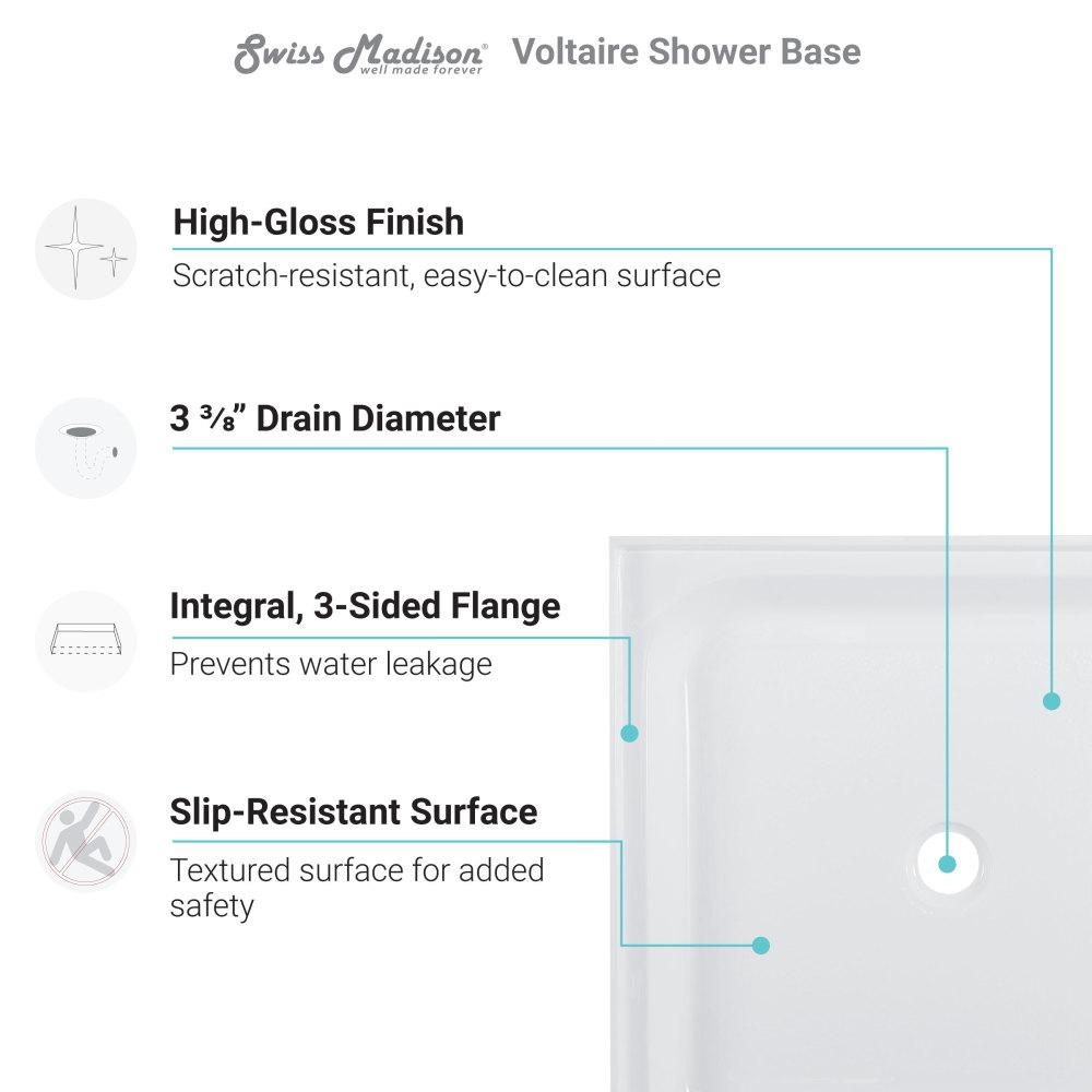 Voltaire 42" x 42" Acrylic White, Single-Threshold, Center Drain, Shower Base. Picture 4