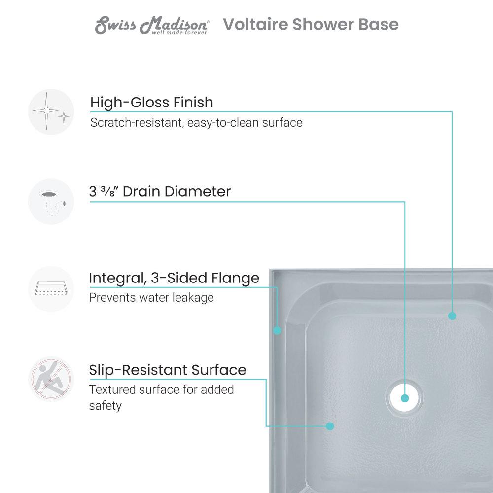 Voltaire 36" x 36" Single-Threshold, Center Drain, Shower Base in Grey. Picture 4