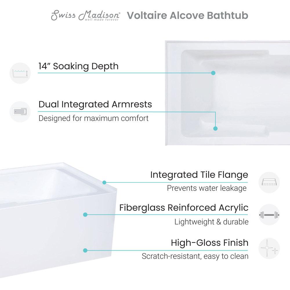 Voltaire 54" x 30" Right-Hand Drain Alcove Bathtub with Apron & Armrest. Picture 4
