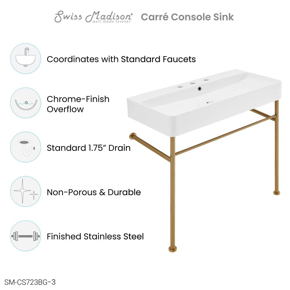 Carre 36" Console Sink White Basin Brushed Gold Legs with 8" Widespread Holes. Picture 4