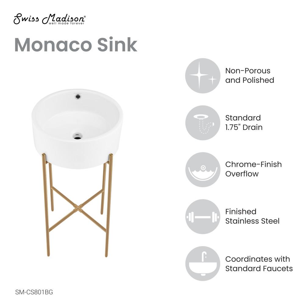 Monaco 16.5" Round Console Sink, White Basin Brushed Gold Legs. Picture 4