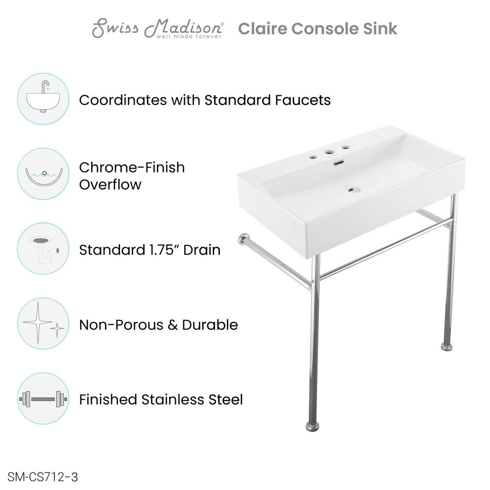 Claire 30" Console Sink White Basin Chrome Legs with 8" Widespread Holes. Picture 4
