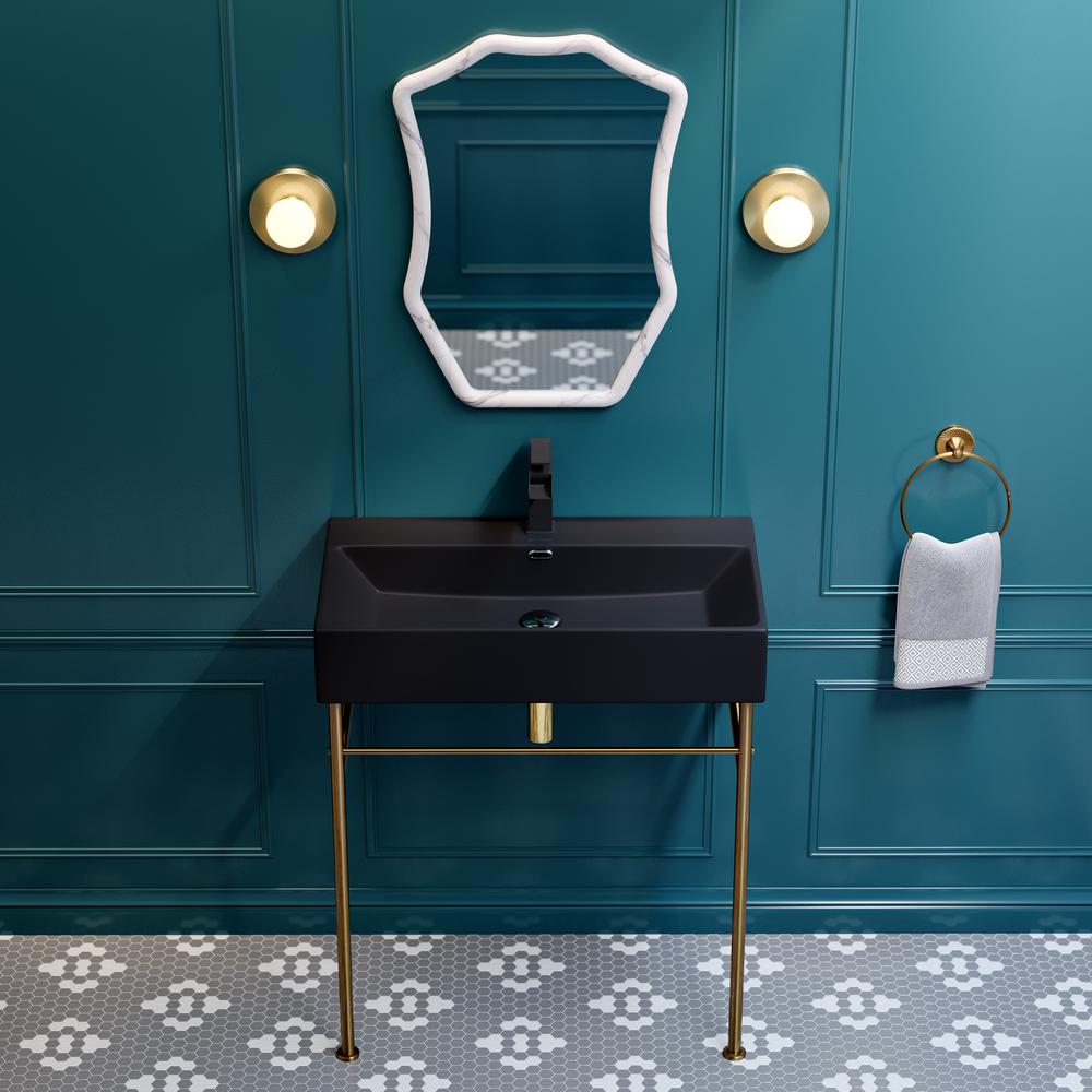Claire 30 Ceramic Console Sink Matte Black Basin Brushed Gold Legs. Picture 17