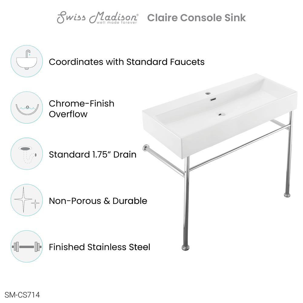 Claire 40 Ceramic Console Sink White Basin Chrome Legs. Picture 8