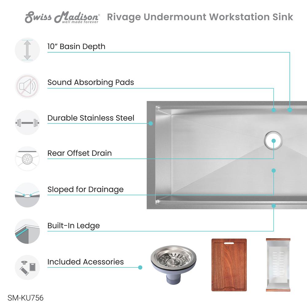 Rivage 45 x 19 Single Basin Undermount Kitchen Workstation Sink. Picture 9