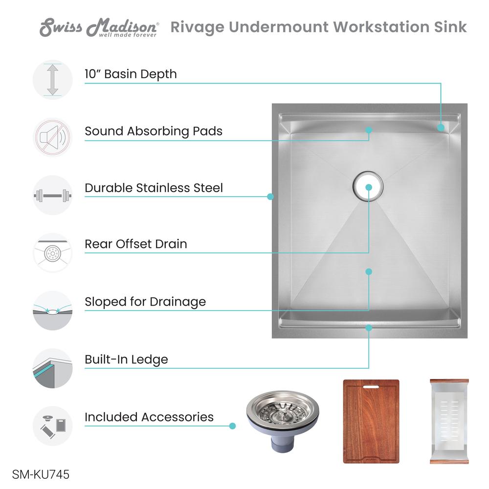 Rivage 15 x 19 Single Basin Undermount Kitchen Workstation Sink. Picture 10
