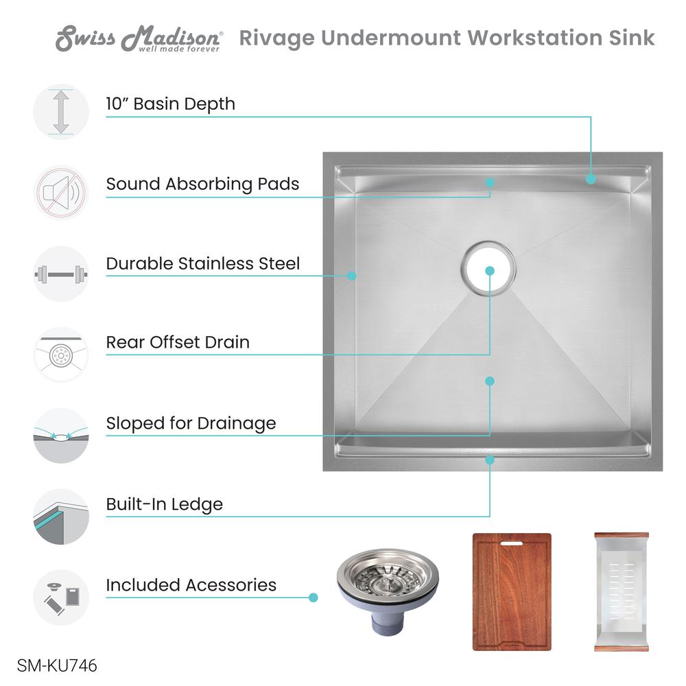Rivage 22 x 19 Single Basin Undermount Kitchen Workstation Sink. Picture 10