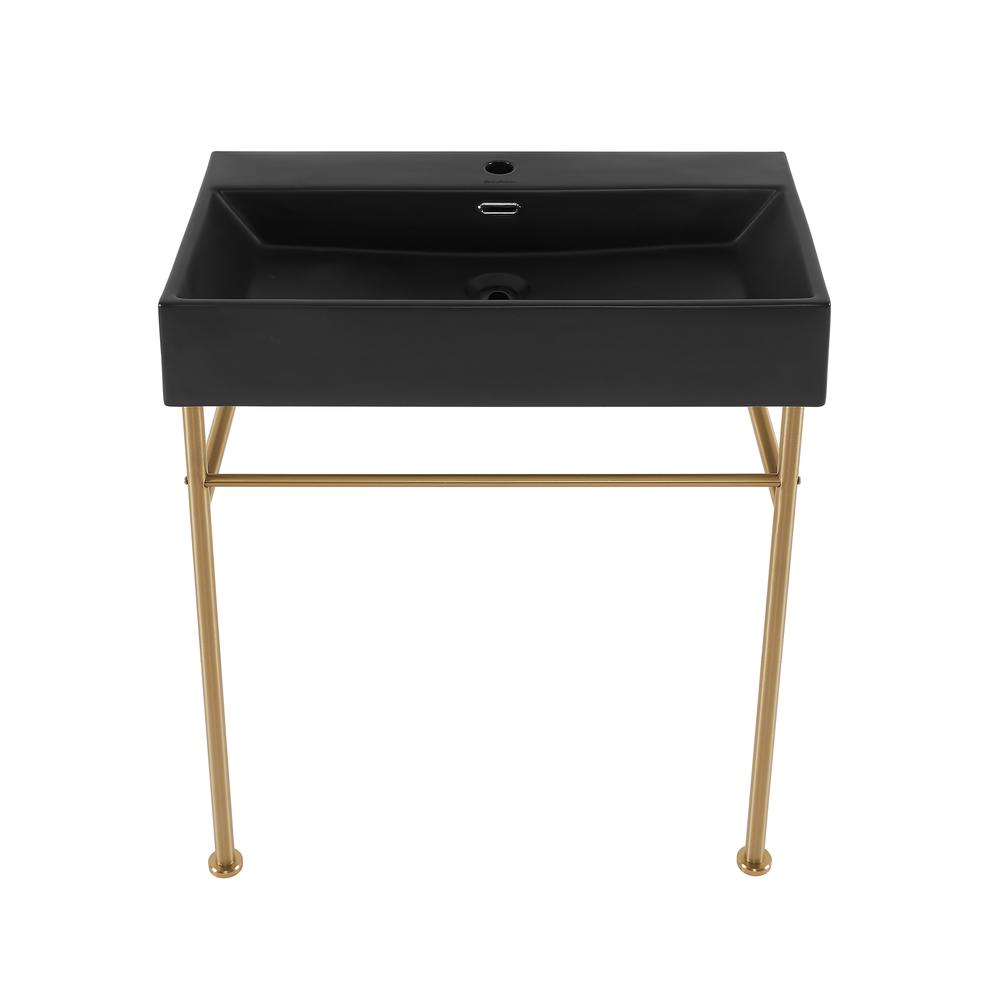 Claire 30 Ceramic Console Sink Matte Black Basin Brushed Gold Legs. Picture 2