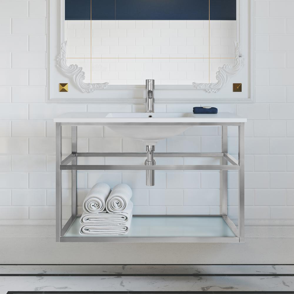 Pierre 36 Single, Open Shelf, Chrome Metal Frame Bathroom Vanity. Picture 20