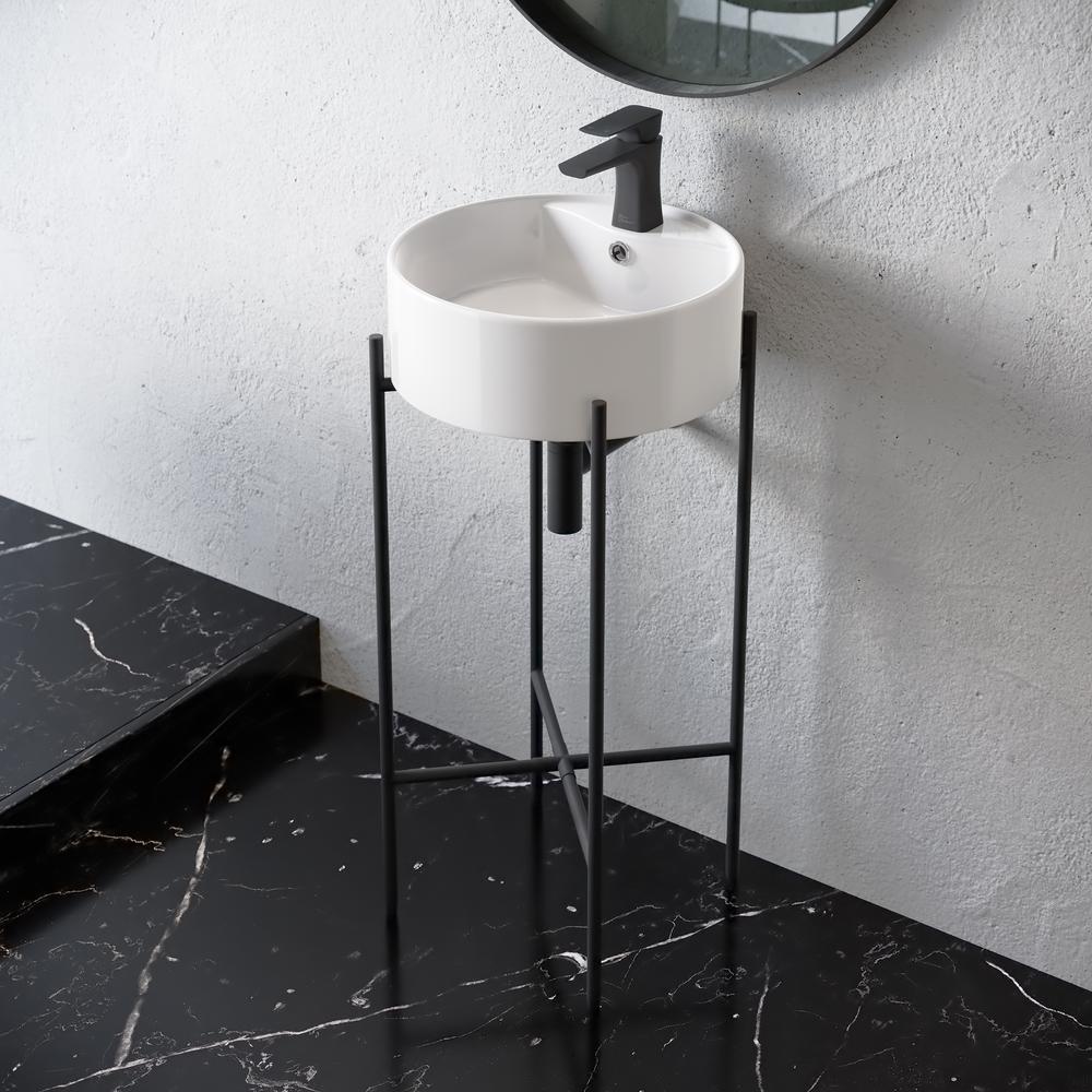 Round Console Sink with Faucet Mount, White Basin Matte Black Legs. Picture 18