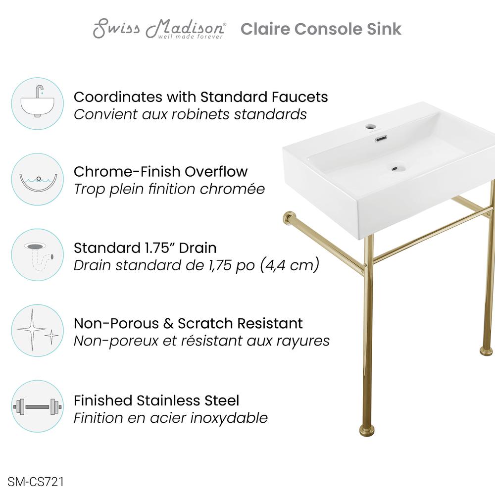 Claire 24 Ceramic Console Sink White Basin Gold Legs. Picture 8