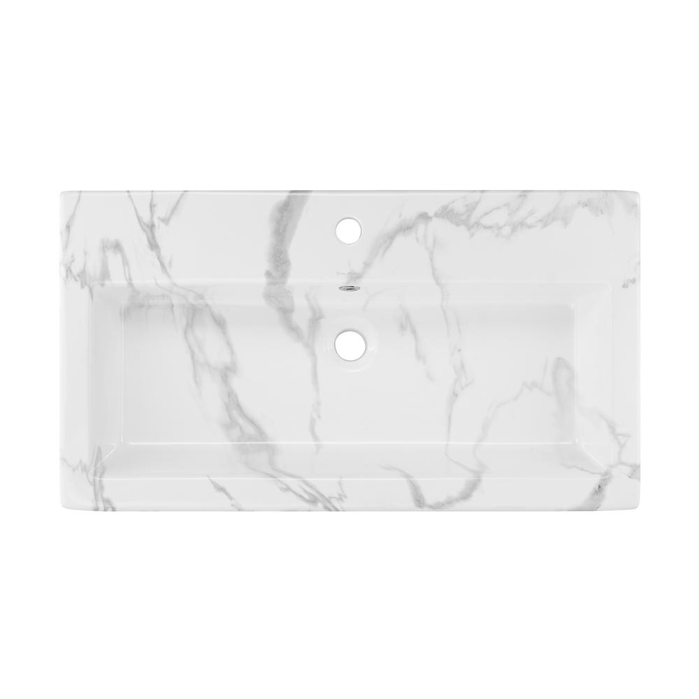 Voltaire Wide Rectangle Vessel Sink in White Marble. Picture 3