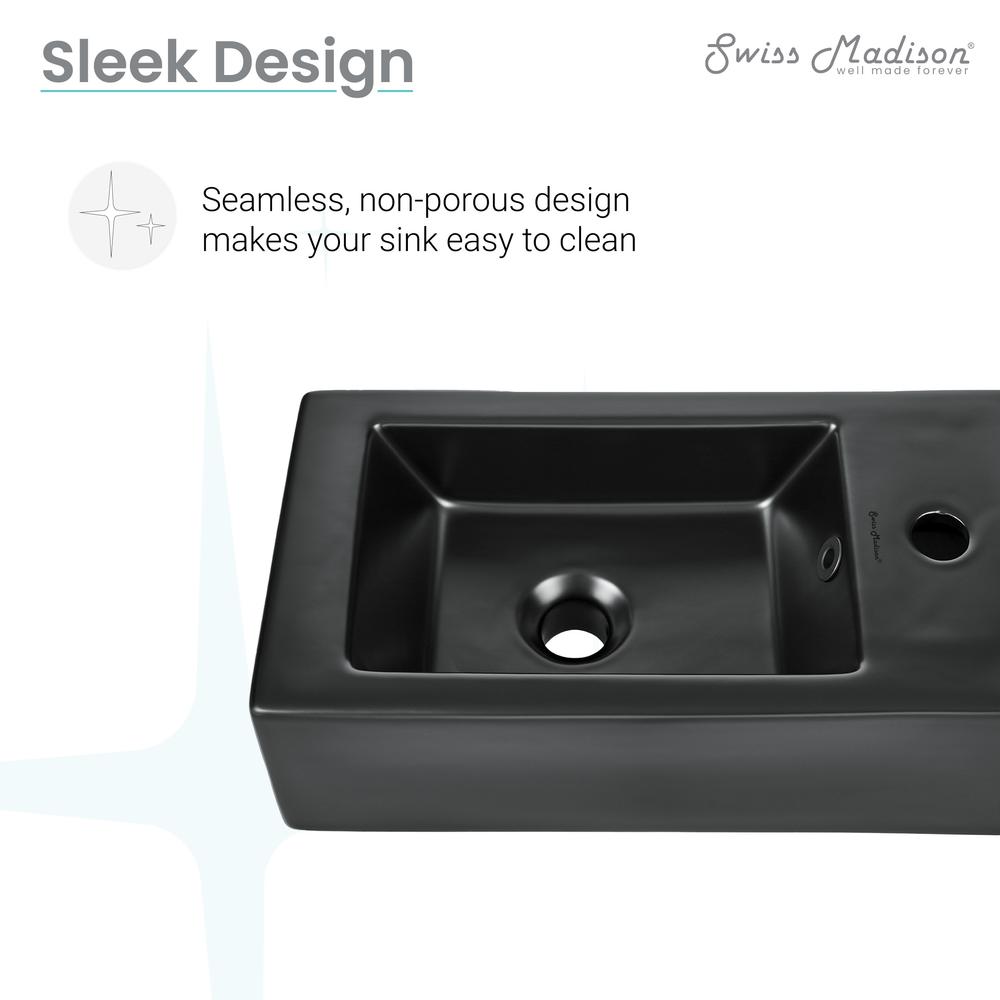 Rectangular Ceramic Wall Hung Sink with Right Side Faucet Mount, Matte Black. Picture 13