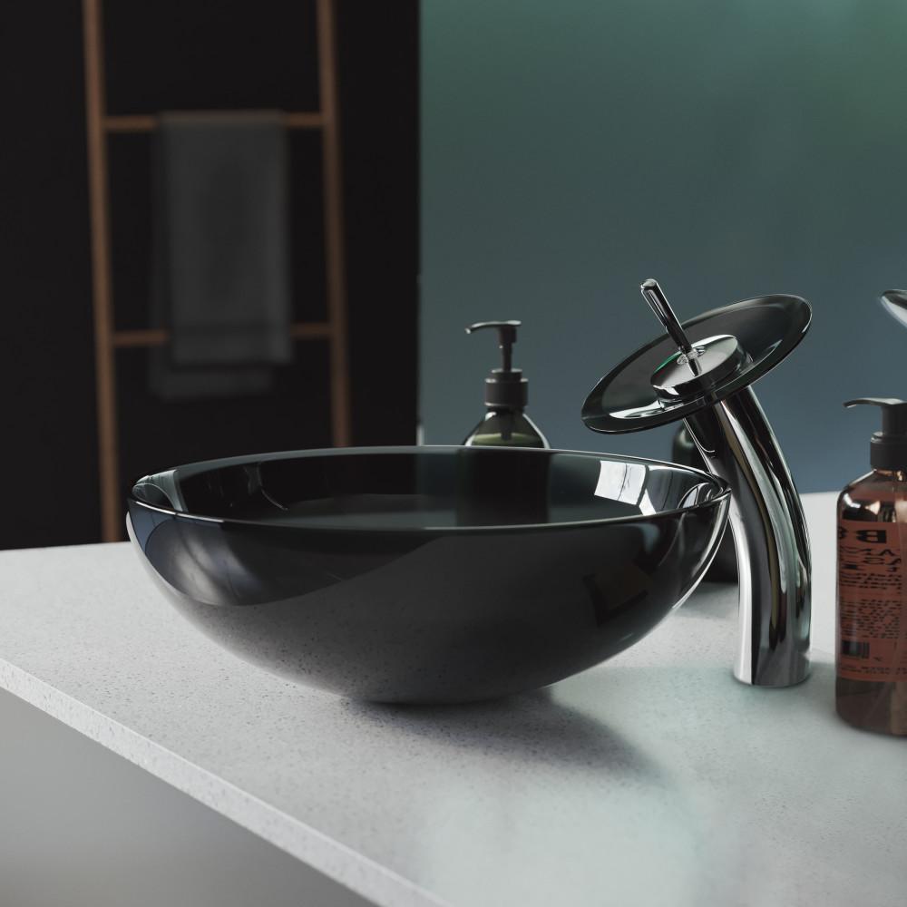 Cascade 16.5 Color Glass Vessel Sink with Faucet, Black. Picture 2