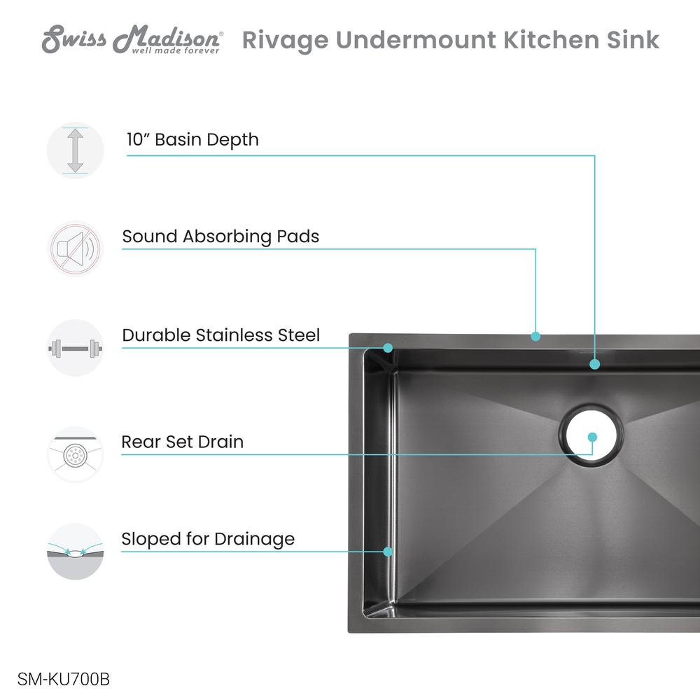 Rivage 30 x 18 Stainless Steel, Single Basin, Undermount Kitchen Sink,Black. Picture 4