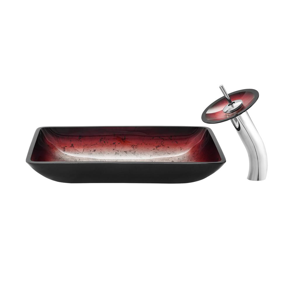 Cascade Rectangular Glass Vessel Sink with Faucet, Ember Red. Picture 1
