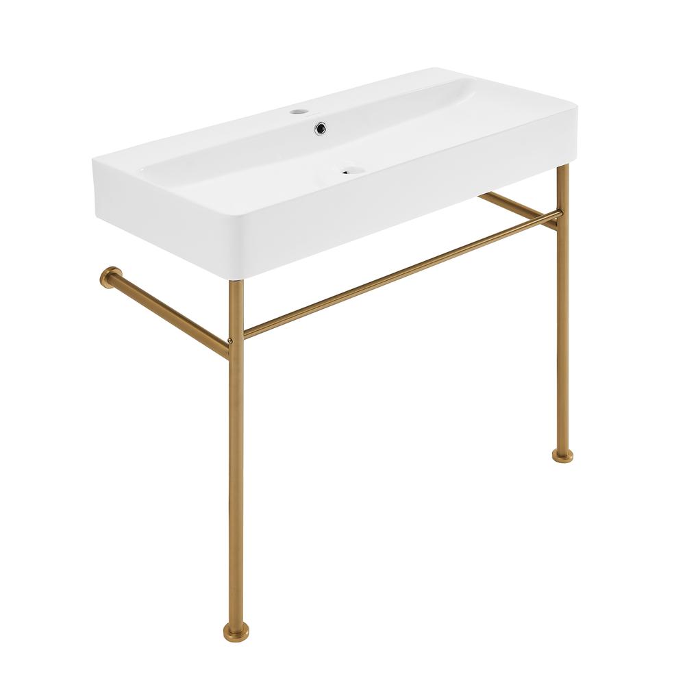 Carre 36 Ceramic Console Sink White Basin Brushed Gold Legs. Picture 2