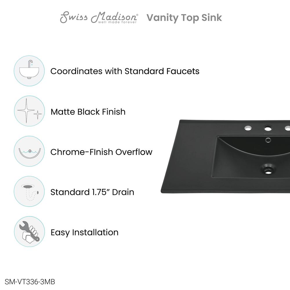36 inch Ceramic Vanity Sink Top in Matte Black with 3 Holes. Picture 7