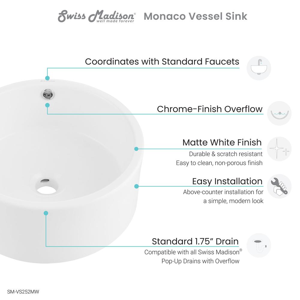 Monaco 16.5” Round Vessel Sink in Matte White. Picture 11